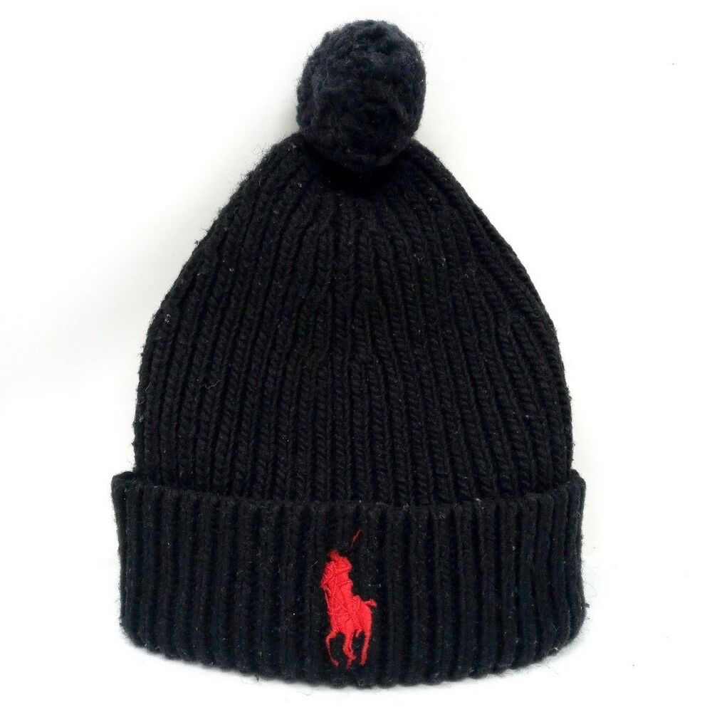 Polo Ralph Lauren Beanie Hat Lambswool Blend Knit Embroidered Pony Cuff Pom Pom